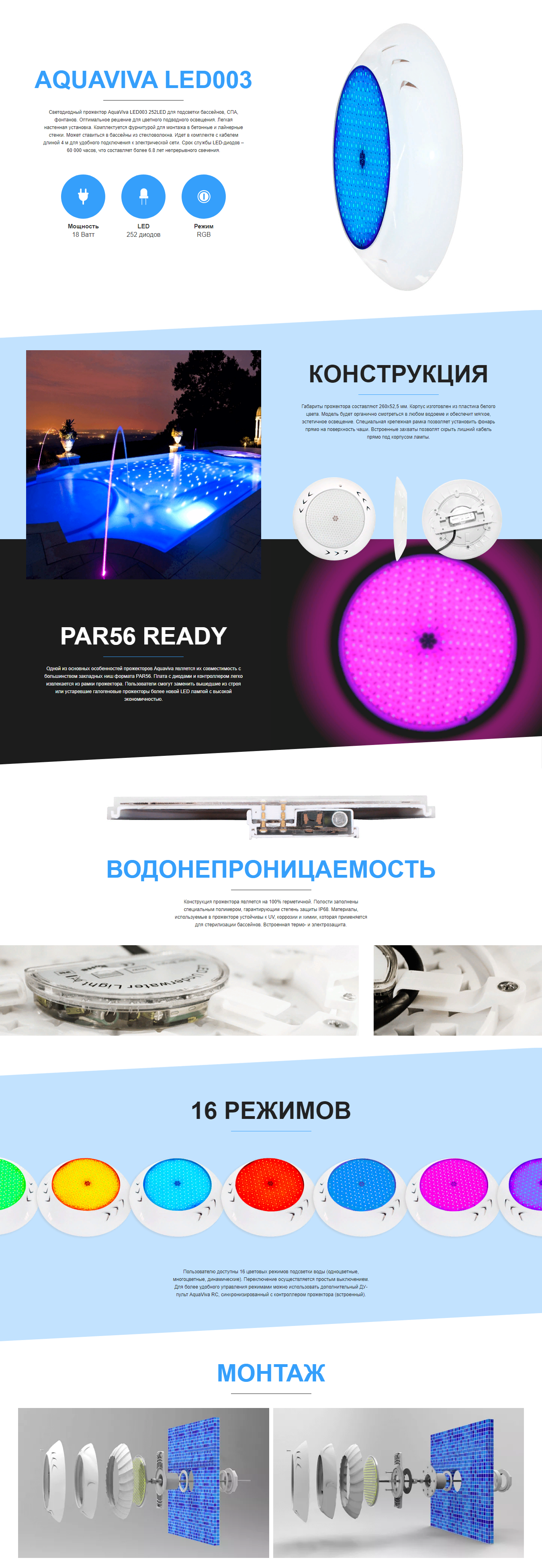 Светодиодный прожектор Aquaviva LED003-252led 18 Вт